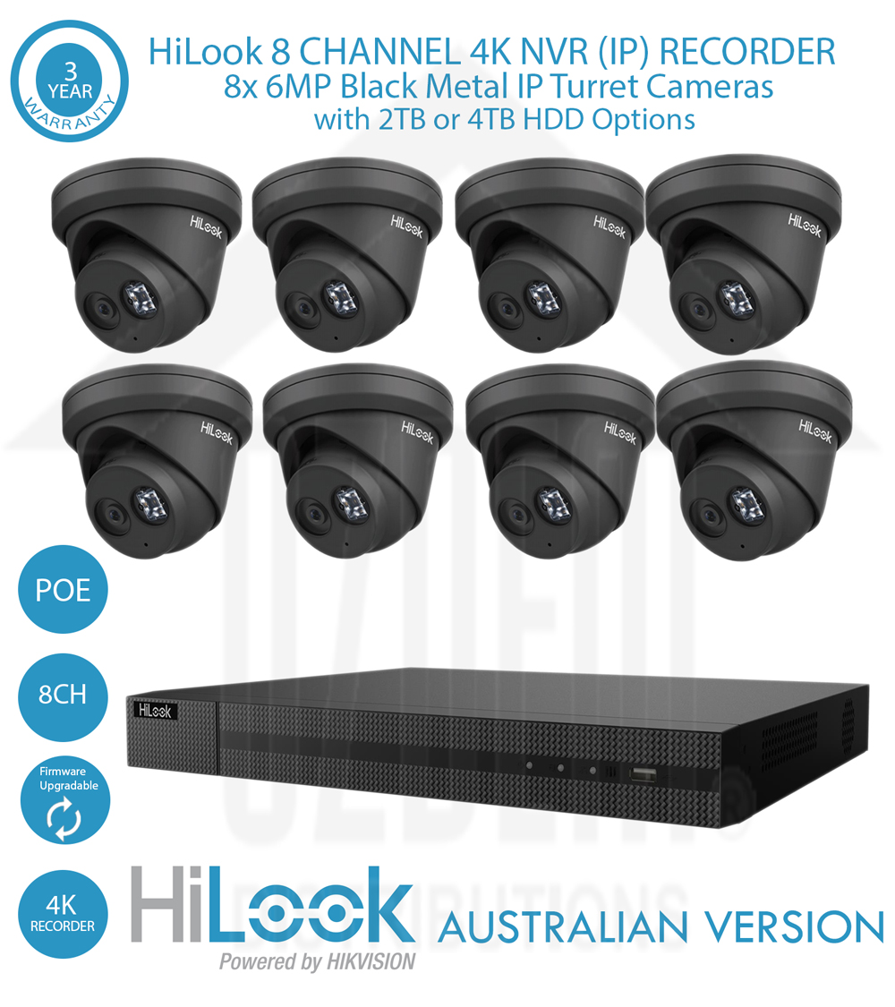 HiLook 8 Channel 4K NVR Kit with 8x 6MP 2.8mm Fixed Black Dome Turret Cameras & 2TB HDD or 4TB HDD
