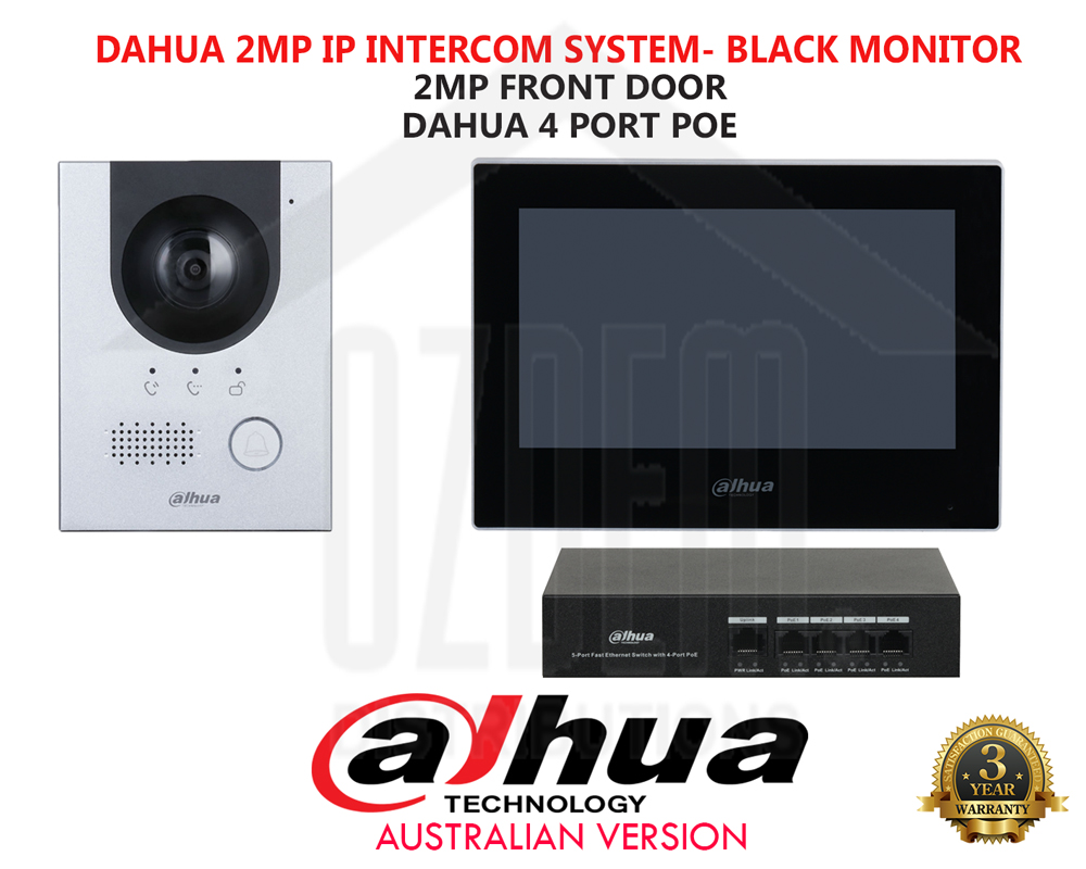 Dahua Full HD IP Intercom Kit with Single 7″ Screen Black, 2MP Doorstation, POE Switch (KTP01L-AUS-B)