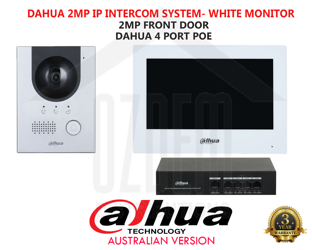 Dahua Full HD IP Intercom Kit with Single 7″ Screen White, 2MP Doorstation, POE Switch (KTP01L-AUS-W)