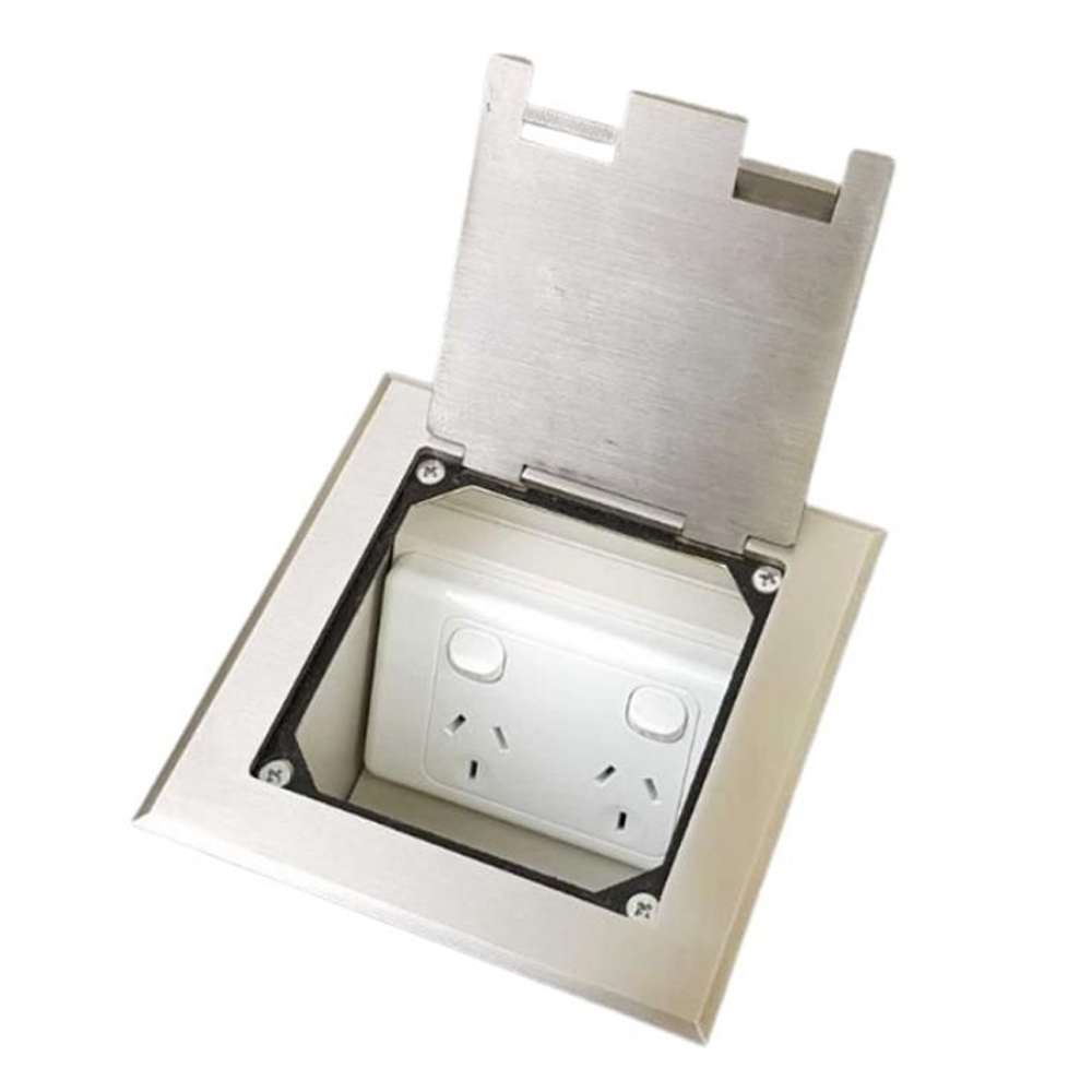 304 Recessed Stainless Steel Floor Outlet Box with Lid with Double Powerpoint 10A