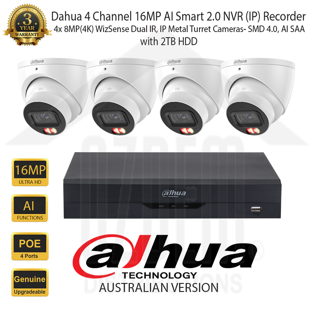 Dahua 4 Channel 16MP AI Smart 2.0 NVR Kit with 4x 8MP(4K) Dual IR WizSense 2.8mm SMD 4.0,AI SSA, White Metal Turret Network Camera & 2TB HDD