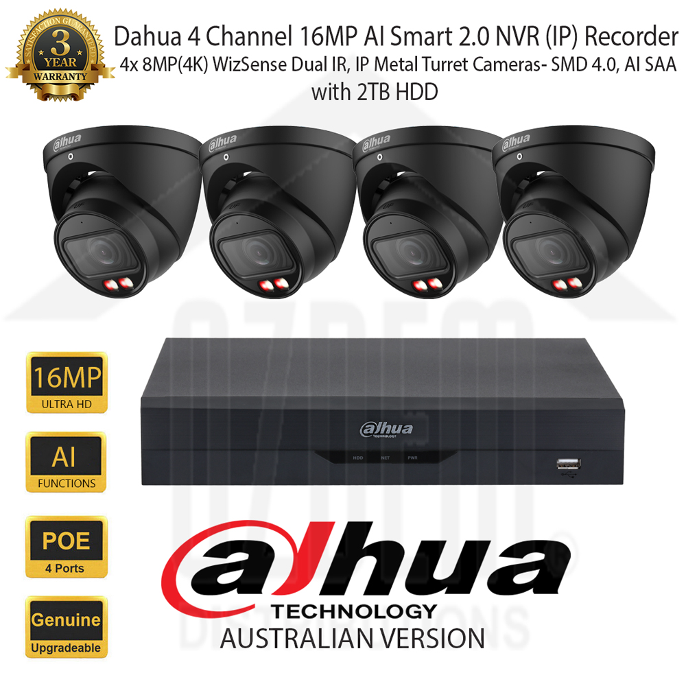 Dahua 4 Channel 16MP AI Smart 2.0 NVR Kit with 4x 8MP(4K) Dual IR WizSense 2.8mm SMD 4.0,AI SSA, Black Metal Turret Network Camera & 2TB HDD