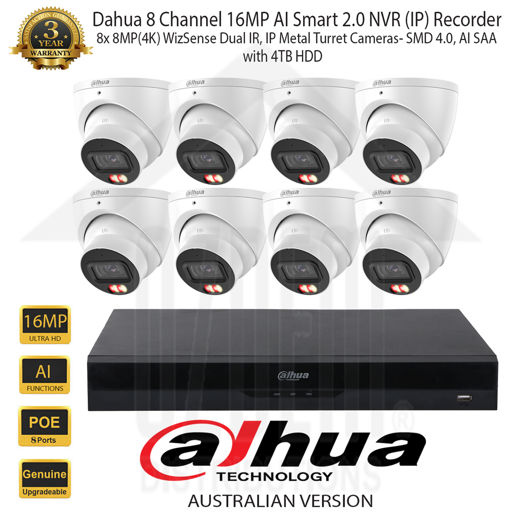Dahua 8 Channel 16MP AI Smart 2.0 NVR Kit with 8x 8MP (4K) Dual IR WizSense 2.8mm SMD 4.0,AI SSA, White Metal Turret Network Camera & 4TB HDD
