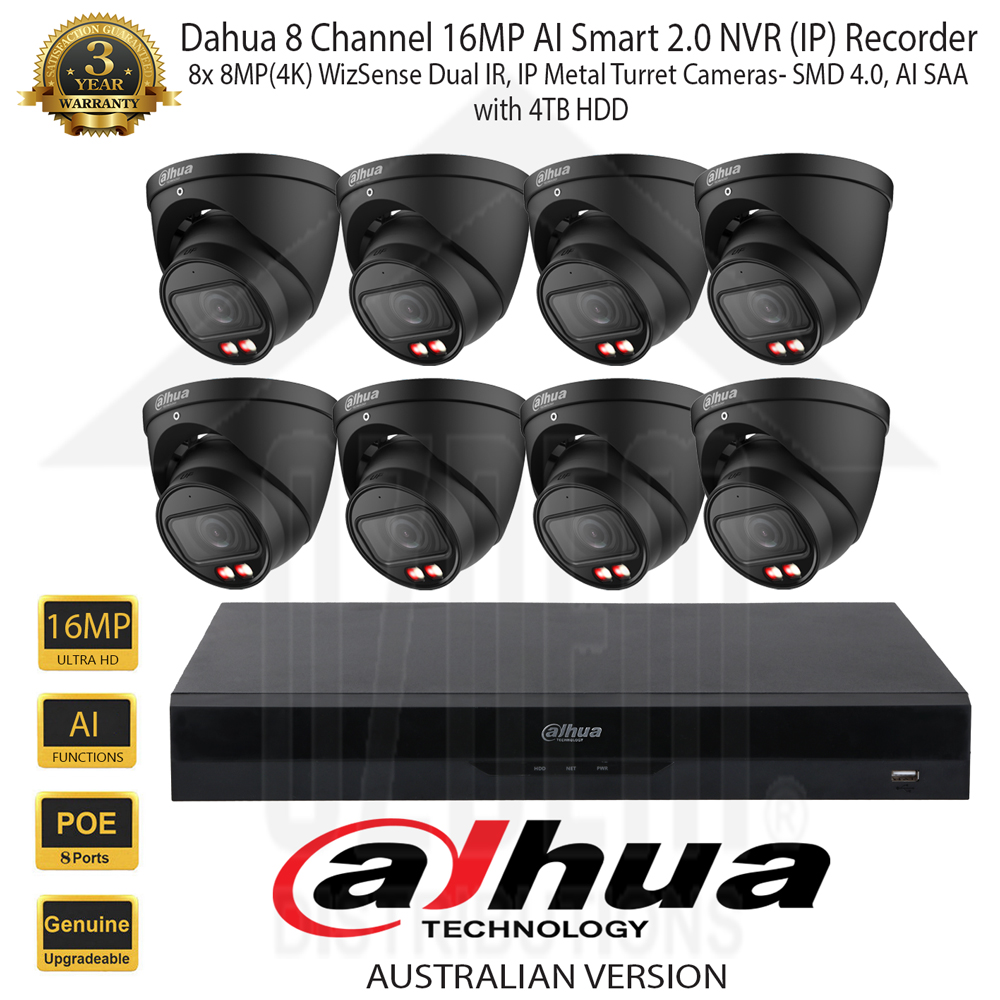 Dahua 8 Channel 16MP AI Smart 2.0 NVR Kit with 8x 8MP (4K) Dual IR WizSense 2.8mm SMD 4.0,AI SSA, Black Metal Turret Network Camera & 4TB HDD