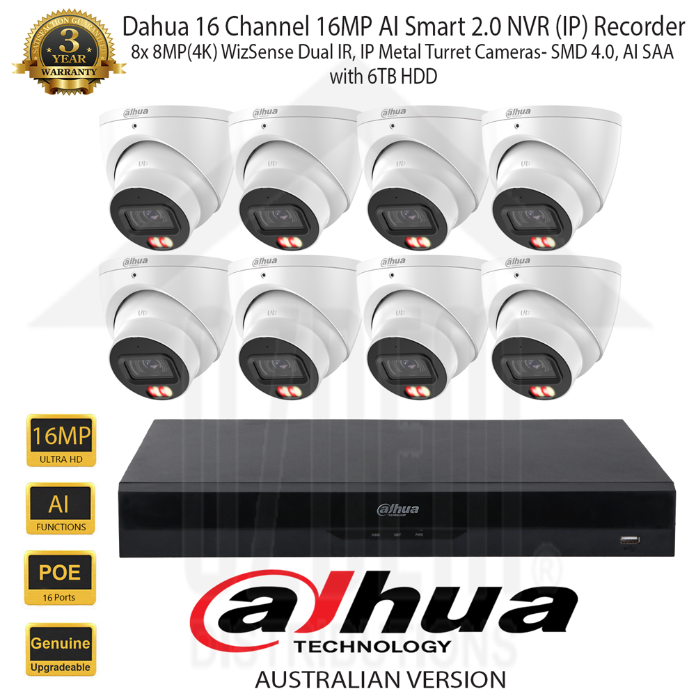 Dahua 16 Channel 16MP AI Smart 2.0 NVR Kit with 8x 8MP (4K) Dual IR WizSense 2.8mm SMD 4.0,AI SSA, White Metal Turret Network Camera & 6TB HDD