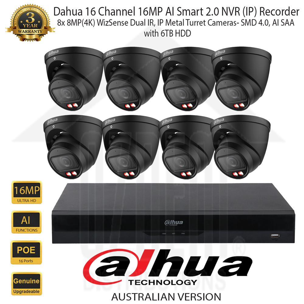 Dahua 16 Channel 16MP AI Smart 2.0 NVR Kit with 8x 8MP (4K) Dual IR WizSense 2.8mm SMD 4.0,AI SSA, Black Metal Turret Network Camera & 6TB HDD
