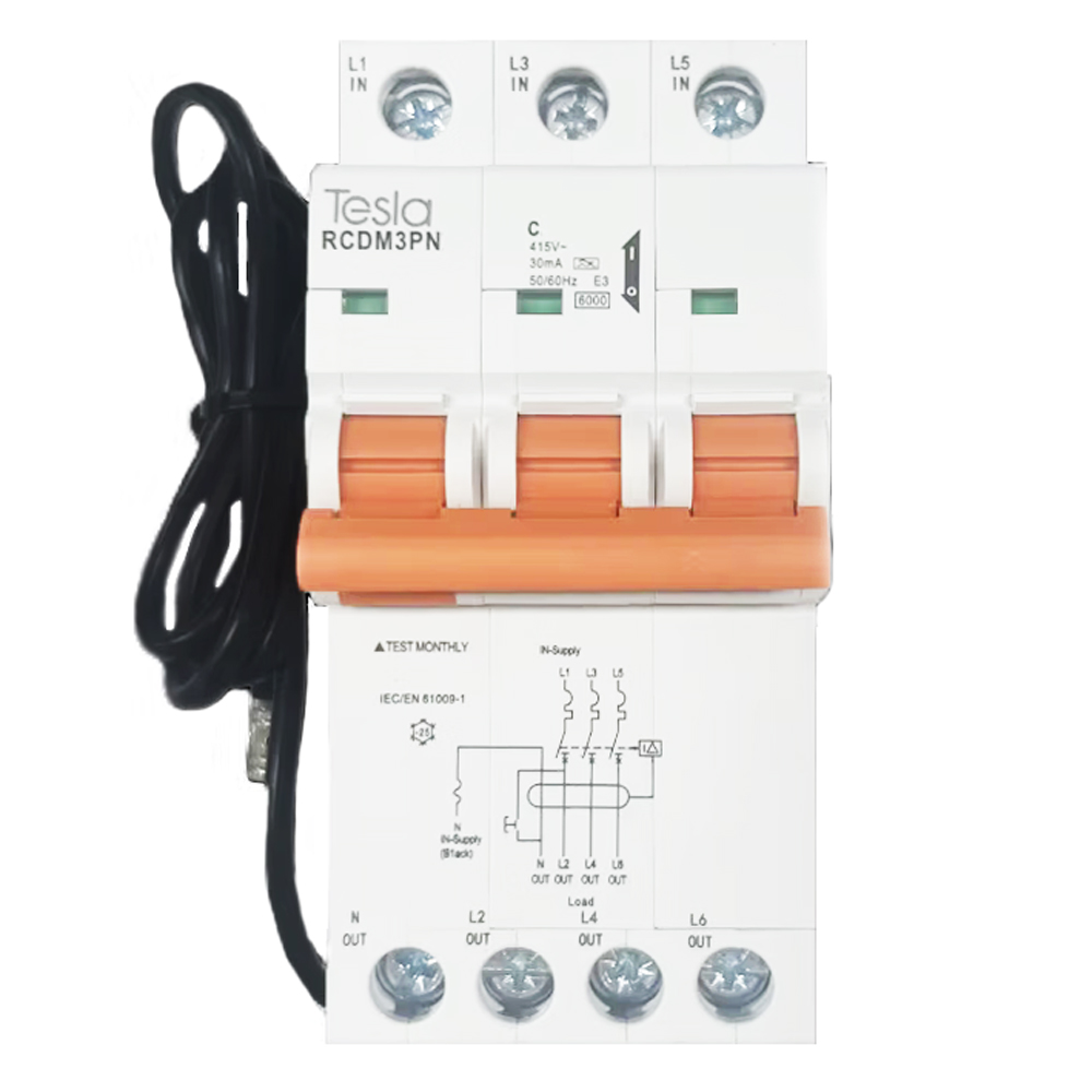 Tesla 3P 32A 30mA 6kA Industrial RCBO with Fly Lead Type A, 400/415V